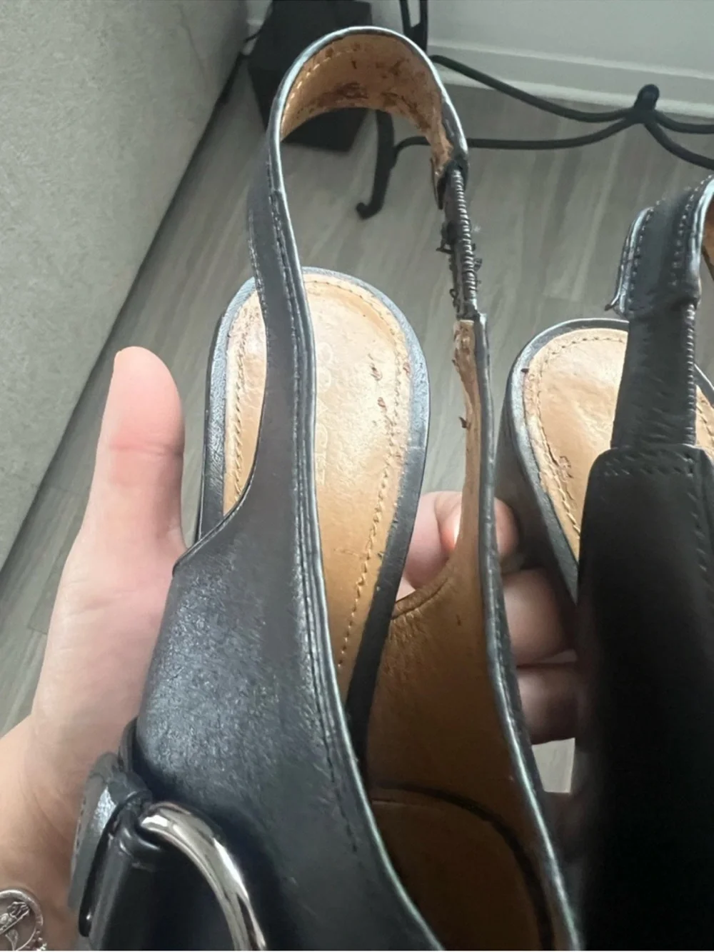 Coach Black Leather Horsebit Peep Toe Block Heel Slingback Sandals Women’s 9.5